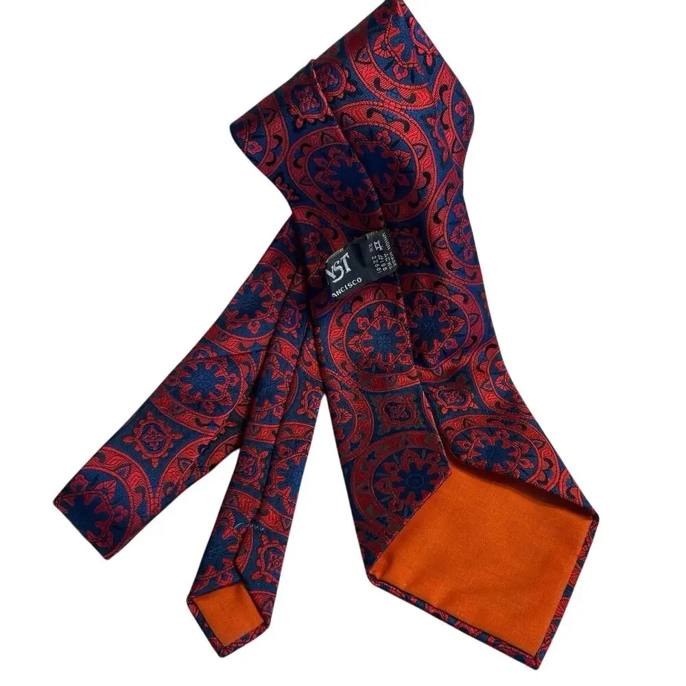 Vtg Necktie Ernst San Francisco Union EX Wide vibrant red/blue/medallion pattern